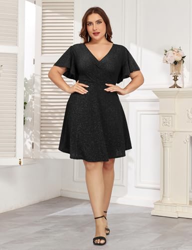 Image of ZOMVA 2025 Plus Size 0X-4X Sparkly Glitter Wrap V Neck A Line Mini Dress Sparkle Sequin Sexy Dresses Cocktail Party Club
