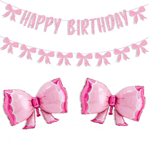 Coquette Birthday Decorations Pink Happy Birthday Banner with Bow Balloons for Bow Themed Party Decorations