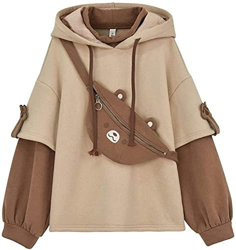 WFIAOUESS New Cute Brown Bear Hoodie for Womens,Brown Bear Hoodie for Womens Long Sleeve Kawaii Sweatshirts (13,M)