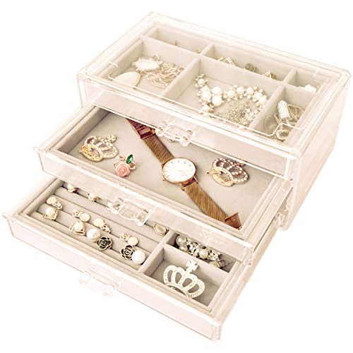 Kingrol Joyero de 3 cajones de acrílico transparente, joyero de almacenamiento, organizador de joyería de terciopelo, para anillos, pendientes, brazaletes, collares Cover