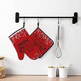 Red Oven Mitts and Pot Holders Sets Snowflake Kitchen Oven Glove Mitts,BBQ, Cooking, Baking,Grilling