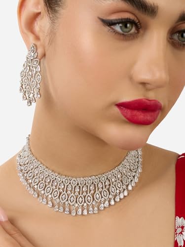 Image of ZAVERI PEARLS Silver Tone Dazzling Cubic Zirconia Brass Choker Necklace & Earring Set For Women-ZPFK17340