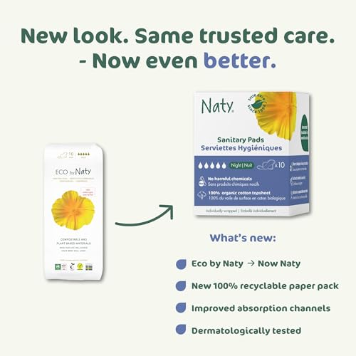 Image of Naty Sanitary Pads for Women with Wings, Overnight Absorbency, 10 Count | 100% Organic Cotton top Sheet, Certified Skin-Safe for Periods, Unscented, Comfortable & Breathable