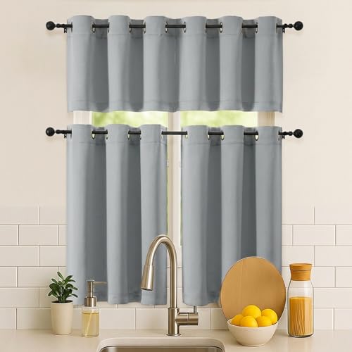 Image of Simplebrand Silver Grey Window Valance for Kitchen 14 Inches Long 2 Panels Set, Room Darkening Valance Curtains for Living Room, Grommet Short Privacy Kitchen Curtains for Bedroom Kids Room, 40Wx14L