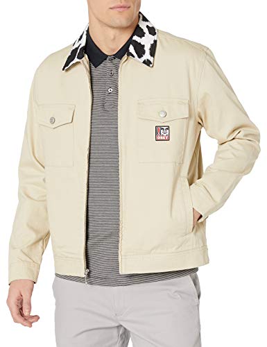 Obey Men's Boxy fit. Herringbone Work Jacket with Contrast Cow Print Collar, Natural, Large