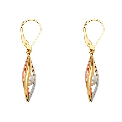 Wellingsale Ladies 14k 3 Tri Color White Yellow and Rose Gold Polished Tear Drop Dangle Hanging Earrings with Freshwater Cultured Pearl (38 x 7 mm)