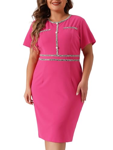 Image of Agnes Orinda Plus Size Dresses for Women Button Crew Neck Vintage Wear to Work Office Party Bodycon Pencil Dress