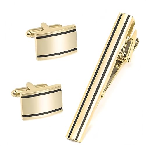Naisfei 3 Set Cufflinks & Tie Clip Brass Plated Square, Tie Bar Clips, Business Shirts Necktie Clip Wedding Party Business Meeting Valentines Day Fathers Day, for Shirt, Dress Decoration(Gold)