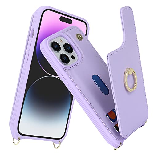 Image of for iPhone 14 Pro Max Case with Card Holder for Women,Phone Case with Strap,Crossbody Lanyard,RFID Blocking,Ring Stand,Snap Clasp,Cute Wallet Cases 6.7 inch(Purple)