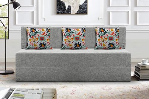 Image of Los Angeles Foldable Three Seater Sofa Cum Bed, Sofa Bed 5 X 6 Feet Jute Fabric Washable Cover- Including Cushion Perfect for Living Room - Grey
