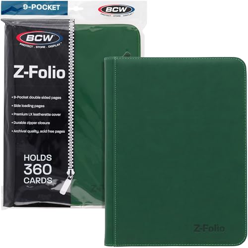 BCW Z-Folio 9-Pocket LX Album - Green | Secure Zipper Card Organizer | Premium Leatherette Card Collection Binder | Trading Card Binder for Pokemon, MTG, Sport Cards and More