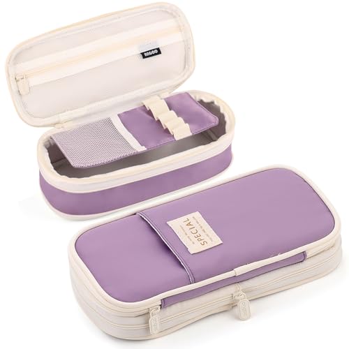 MAMUNU Big Capacity Pencil Cases with Compartments Pencil Pouch Aesthetic for Teen Students Expendable Stationery Organizer Pen Bag for College School Office (Purple)