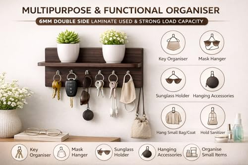 Image of CAPIO ART Wooden Key Holder for Wall with Shelf, Dark Walnut Finish | 6 Hooks, Wall Mounted, 9 x 6 Inch, Multipurpose Organizer