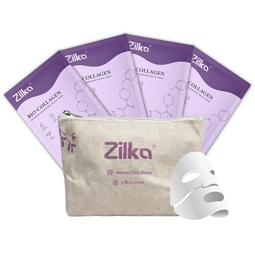 Image of Zilka Bio Collagen Korean Face Mask (Pack of 4) - Niacinamide, Hyaluronic Acid & Fast Absorbing Collagen | Overnight Hydrating Face Mask for Glass Skin | Anti-Aging, Firming, Reduces Fine Lines & Wrinkles | Korean Skincare