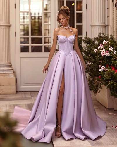 Corset Prom Dresses 2025 Strapless Beaded Satin A-Line Puffy Long Ball Gowns for Women with Slit2