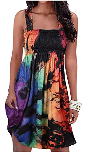 Image of Summer Dress for Women Beach Floral Cover Ups Spaghetti Strap Sundress Smocked Strapless A-Line Mini Dresses