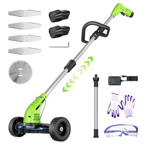 Electric Weed Wacker: Cordless Weed Trimmer with 2 * 2.0Ah Li-Ion Battery Powered & 4 Cutting Blade Types, Wheel Trimmer Lightweight Ajustable Pole &Back-Friendly Compact Power Tool for Lawn Yard Work