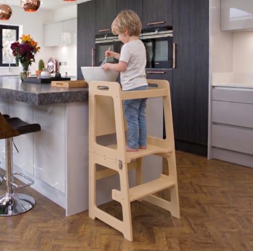 Image of Avenlur Date 4-in-1 Foldable Tower - Toddler Step Stool with Chalkboard, Desk and Chair - Montessori and Waldorf Style Stool for Ages 18 Months to 6 Years | Convertible Kitchen Learning Tower, Toddler Step Stool for Kitchen Counter, Montessori Helper Tower, Toddler Desk and Chair
