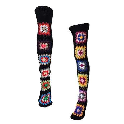 Granny Square Crochet Leg Warmers, Thigh-High Knit Stockings in Black Multi Cozy Winter Leg Warmers for Women