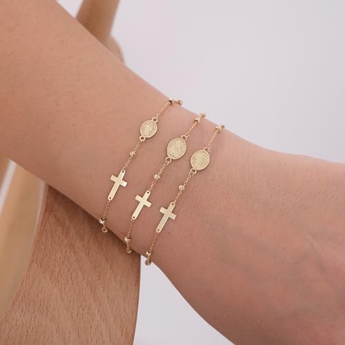 Image of MIONZA Catholic Medal Cross Bracelet for Women | 14K Gold Plated or Solid Gold, Religious Rosary Jewelry, Choose Your Saint Medal Bracelet
