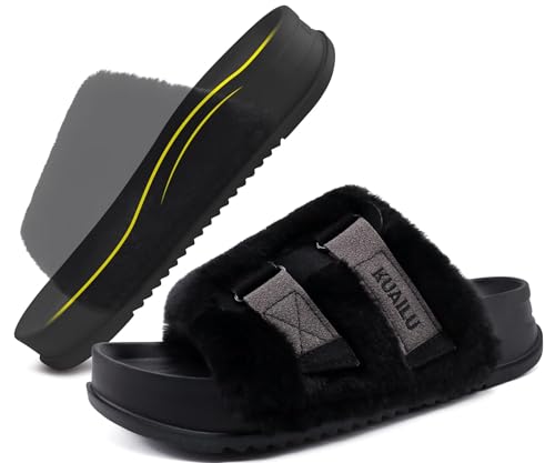 KuaiLu Womens Platform Slipper with Arch Support Soft Cushion Faux Fur Sandals Open Toe House Slipper Fluff Slides Indoor Outdoor,Black Size 5