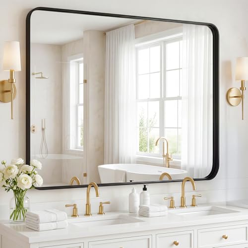 Image of NEWBULIG 30X40 Inch Bathroom Wall Mirror, Vanity Bathroom Mirrors for Over Sink Tempered Glass, Anti-Rust Metal Framed Rounded Rectangle, Hangs Horizontally or Vertically, Farmhouse Home Decor, Black