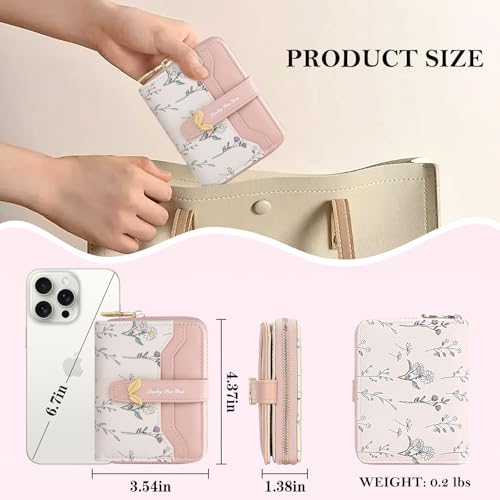 Image of BIAOTIE Wallet for Women Cute Floral Flower Wallet RFID Credit Card Holder Purse Small Bifold Zipper Coin Pocket Purse with ID Windows (Pink Fl)