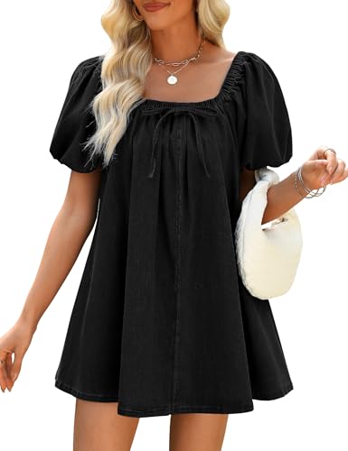 Image of Women Denim Dress Puff Short Sleeve Square Neck Jean Dress 2026 | Two Side Pockets, Babydoll Mini Dress, Stretchy Breathable Fabric, Casual Daily Outfits, Western Counrty Concert Outfits