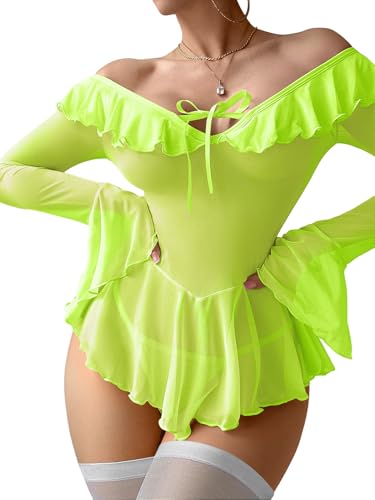 Image of Foxiny Sheer Ruffle Long Sleeve Babydoll Lingerie Dress | Off-shoulder neckline, flared cuffs and a flounce hem add movement; thong and thigh-high stockings complete the 3-piece set