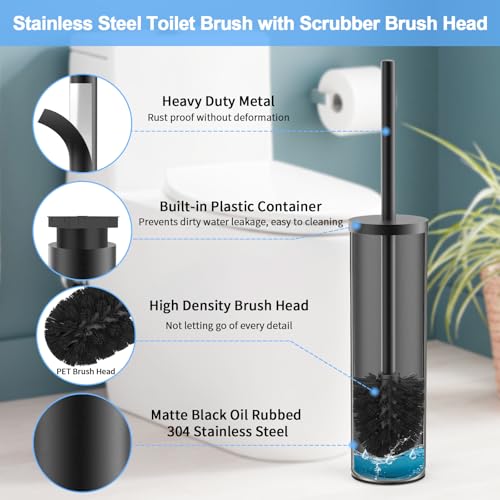 Image of Stainless Steel Toilet Brush and Holder Set Brushed Silver Heavy Duty Toilet Bowl Brush with Long Handle for Bathroom and Farmhouse (Black-2)