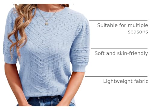 Image of Womens Puff Short Sleeve Sweater Summer Crew Neck Ribbed Knit Pullover Tops