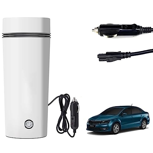 Image of Oshotto 12V Portable Electric Water Bottle for Hot Water Tea Coffee Kettle Mug Multipurpose Food Grade Fast Boil Auto Shut-off For Travel Camping, Road Trip Compatible with Skoda Rapid (350ml) - White