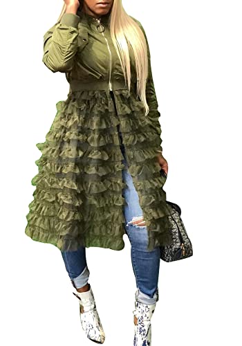 YOOTKO Vintage Varsity Bomber Jackets Women Long Sleeve Trench Coat Dress with Tulle Mesh Hems2