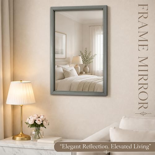 Image of Rousrie Premium Framed Glass Wall Mount Mirror, Decorative, for Bathroom, Bedroom, Living Room and Entryway, Wash Basin (14 by 20 Inch) (Greyish)