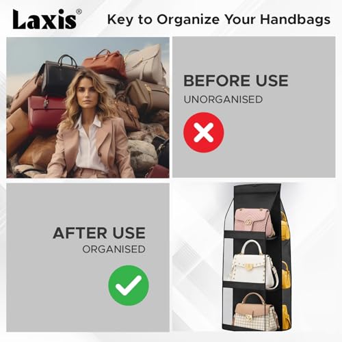 Image of LAXIS 3 Pockets Handbag Organizer for Closet, Purse Organizer Hanging Closet, Bag Organizer Purse Organizer, Handbag Organizer for Wardrobe, Hanging Bag Storage Organizer Holder (Black)