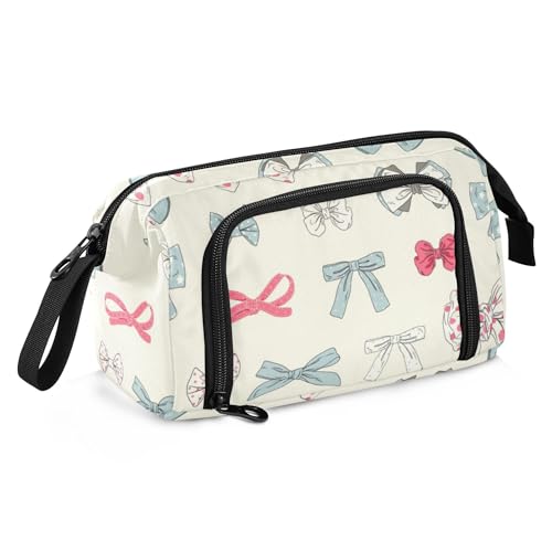 Image of Fisyme Pink Blue Vintage Bow Pencil Case Large Capacity Pencil Pouch Pen Bags Box Big Makeup Pencil Case Organizer
