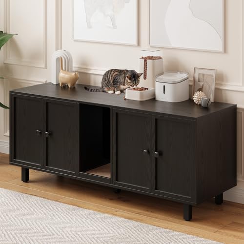 Image of ONBRILL 59 Inches Cat Litter Box Enclosure for 2 Cats, Hidden Litter Boxes Furniture with Cat Scratch Pad, Large Indoor Pet House with Double Room, Wooden TV Stand Side Table, Black