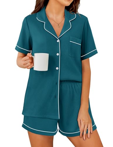 Image of Ekouaer Womens Waffle Knit Pajama Sets Soft Short Sleeve Button Down Sleepwear Cozy 2 Piece Pjs Shorts Set