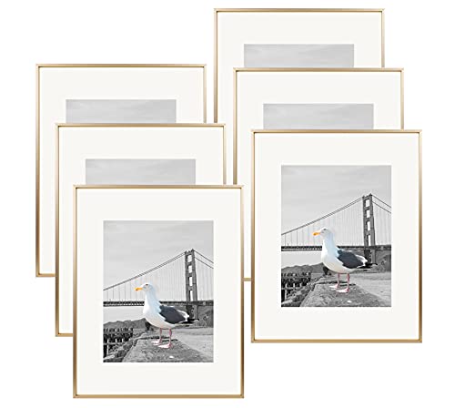 Frametory, 16x20 Picture Frame Matted to 11x14 Aluminum Metal Photo Frames Real Glass Vertical or Horizontal Wall Mounting (Gold, 6-Pack)