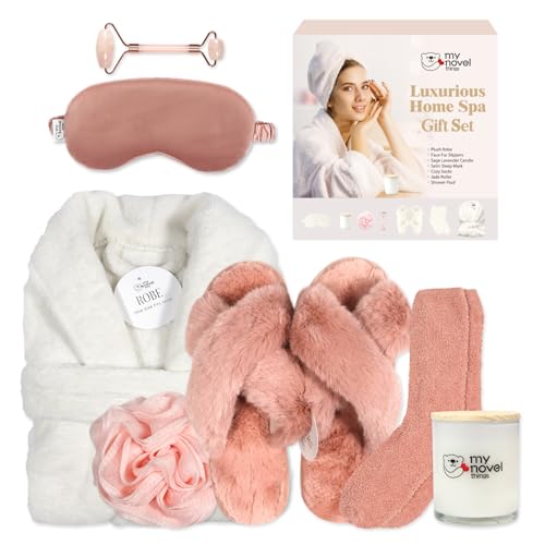 my novel things Birthday Gifts For Women Bathrobe Set With Silky Sleep Mask Spa Robe and Slippers set Scented Candle Self Care 7 Pack Get Well Self-Care Gifts for Christmas Thanksgiven Day Red