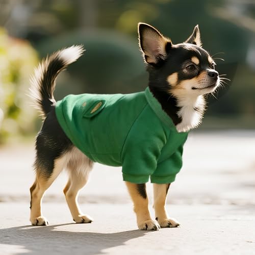 Image of Green Cute Dog Sweater Soft Winter Clothes for Small Dogs, L | Classic Green Knit Pullover, Fall Winter Outfit, Elastic Cuffs, Holiday Party Matching, Machine Washable Sweatshirt for Pets