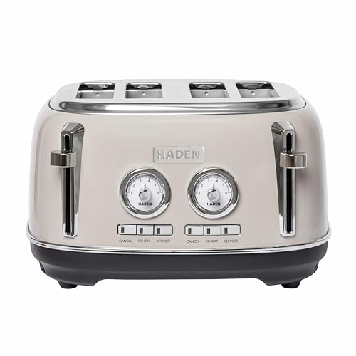 Haden Jersey Putty Retro 4 Slice Toaster - 4 Slot Toaster with Dual Control & Adjustable Browning - Stainless Steel Housing - Essential Kitchen Appliance