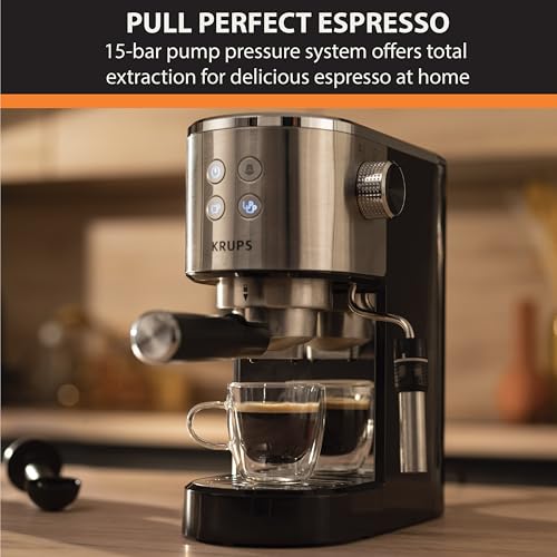 KRUPS Stainless Steel Espresso Machine: 15-Bar Pump Pressure, Milk Frother for Cappuccino and Latte, Fast Pre-Heat, 2-Cup Capacity, Cup Warmer, Easy Cleaning, 1350W, Silver