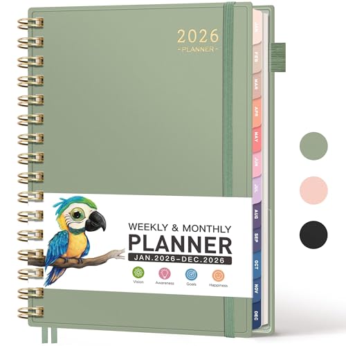 RETTACY Diary 2026 Week to View, Jan-Dec, A5 Size (14.5 x 21 cm), Weekly & Monthly Planner, 12-Monthly Tabs, Flexible Plastic Cover, Inner Pocket, 100 GSM Paper - Light Green