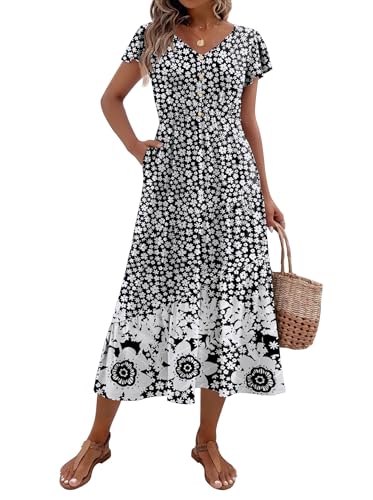 Image of Zeagoo Women's Summer Casual Dress Flutter Short Sleeve V Neck Button Down Tiered Flowy Long Dress with Pockets
