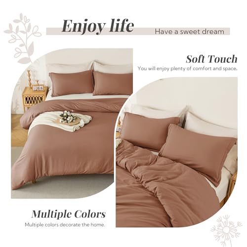 Image of MILDLY Duvet Cover Queen Ultra Soft Comforter Cover Set 3pcs, Mocha | Washed Microfiber Cotton-Like, Breathable Comfort, Hidden Zipper, 8 Corner Ties, OEKO-TEX Certified, Fade Resistant