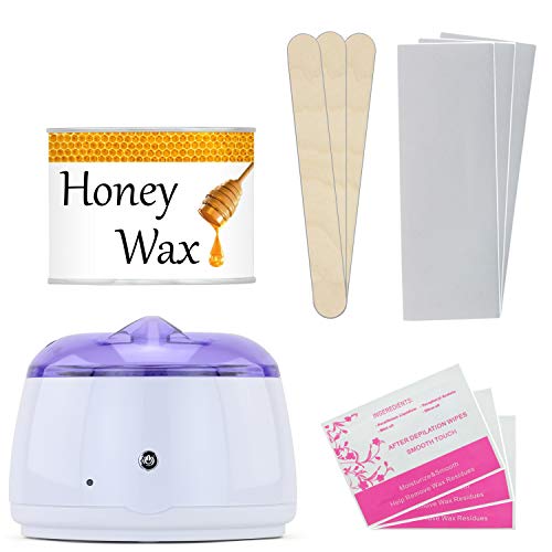 Exuby Wax Warmer Kit for Hair Removal  Includes: 1 Pound Honey Hard Wax, 50 Wax Strips, 10 Wax Sticks, 10 Wax Remover Wipes - Automatic Temperature Control(ATC) -Hard Wax Is Better Than Wax Beans