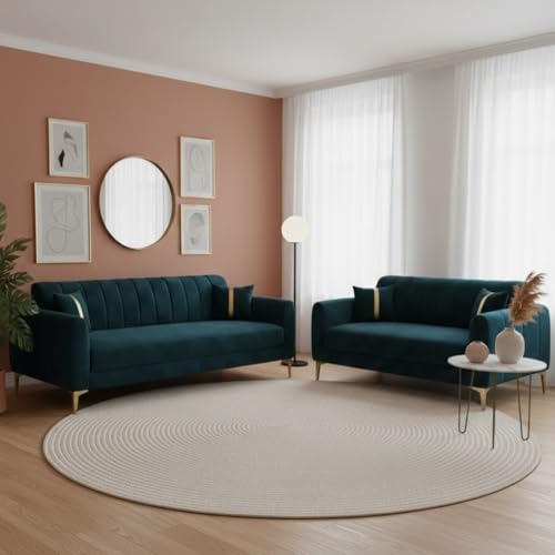 Image of Hermione Luxe Velvet-Suede Fabric 3 Seater + 2 Seater Sofa Set | Golden Legs | Comfortable & Spacious Seating | Modern Sofa Set for Living Room - Green Teal