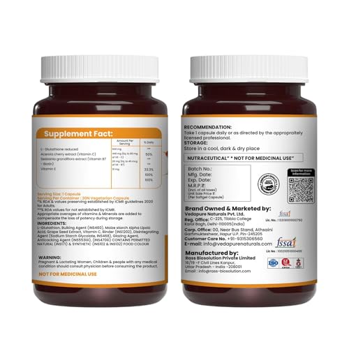 Image of Vedapure L Glutathione Capsules with Vitamin C & E for Men & Women | Antioxidant Glutathione Effervescent Capsule for Healthy Skin, Liver Detox, Immune Support, Hydration (Pack of 1)