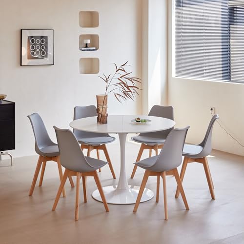 BenyLed Set de Mesa Redondas y 6 Sillas para Cocina, Terraza, Jardín, Balcón o Comedor, Sillas Grises+Mesa Blanca (110 *...